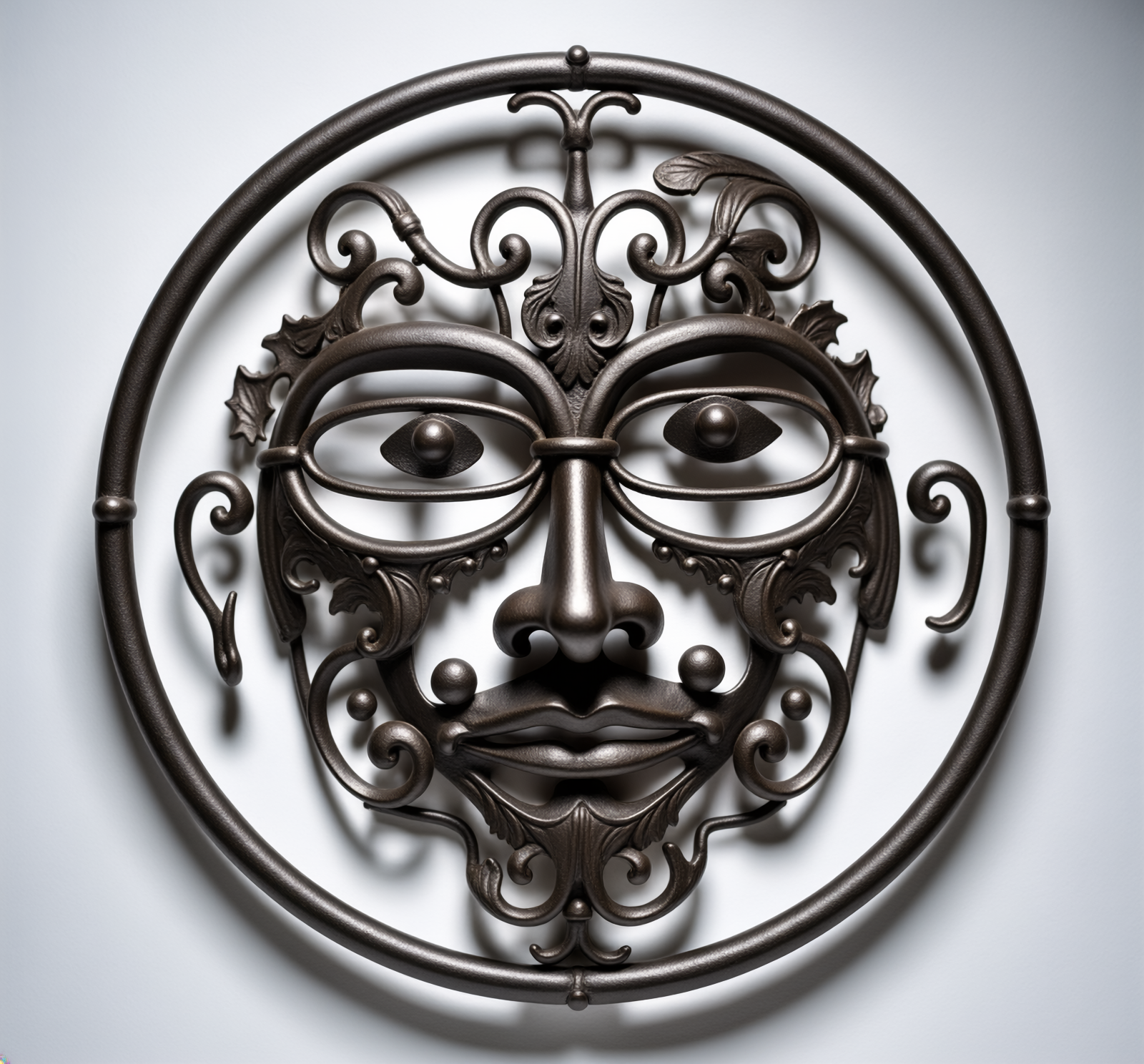 Firefly_wrought iron sculpture of THE FACE, caustic light patterns, white cyclora 634131